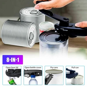 8 in 1 Manual Tin Can Opener Safe Cut Lid Smooth Edge Side Stainless Steel Tools - Picture 1 of 8