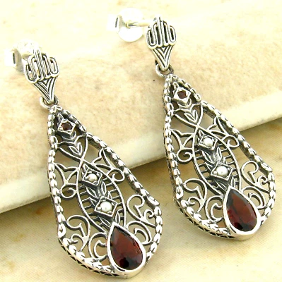 PENDIENTES DE PLATA DE LEY 925 GRANATE Y PERLA GENUINOS ESTILO VINTAGE 660X Foto 1 de 2