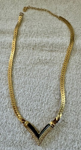 Collana Vintage Christian Dior Tono Oro V Strass Smalto Nero Catena