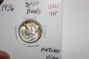 1936   SPLIT BANDS    UNC++    MERCURY DIME - Picture 1 of 2
