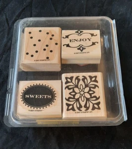 2007 "SWEET SAMPLER" HOLZMONTIERTES GUMMISTEMPELSET VON STAMPIN UP 4er SET - Bild 1 von 9