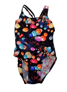 SPEEDO Girls Swimming Costume Logo Chinese Lanterns Abstract Black Sz 8 Yrs  B - Picture 1 of 2
