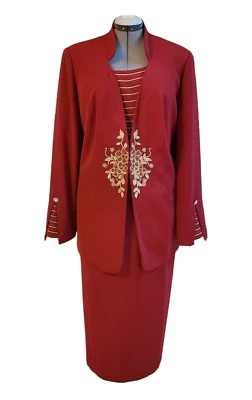 Terno saia formal Ferre Gianni 2 peças vermelho bordado frisado poliéster tamanho 22 - Imagem 1 de 4