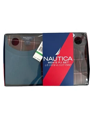 NAUTİCA MEN’S PJ Set L/S Crew &Cozy Pant Blue /Burgundy Size 2Pc Garment L Size - Image 1 of 4