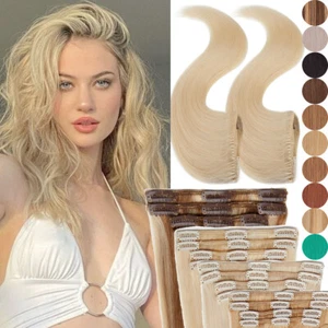 CLEARANCE Seamless Clip in 100% Human Hair Extensions Full Head 8PIECES Straight - Picture 1 of 51