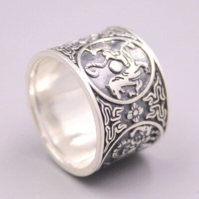 Pure 999 Fine Silver Ring Chinese Mythology Four Great Divine Beasts Band Ring 8 - Image 1 of 4
