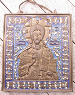 Orig. alte Bronze - Ikone mit Email blau und weiß. HxB = Ca. 13,7 x 12,4 cm. - Bild 1 von 4