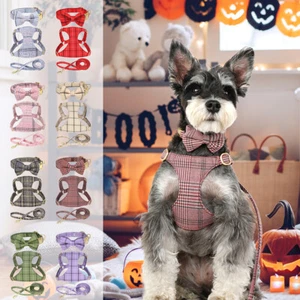 Plaid No Pull Dog Harness with Leash and Bow Tie Collar Set Escape Proof Vest - Picture 1 of 31