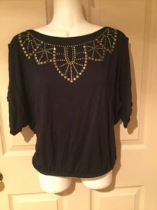 CACHE FASHIONS WOMENS EMBELLISHED COLLAR PEASANT TOP SHIRT SMALL S BLACK/GOLD - Picture 1 of 7