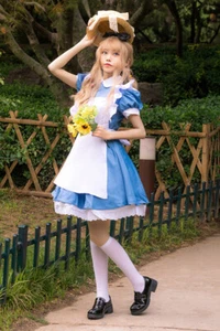 Anime Alice in Wonderland Blue Dresses Waitress Uniform Halloween Maid Dress - Picture 1 of 15