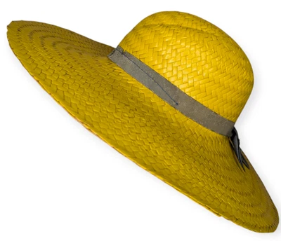Vintage Yellow & Tan Straw Woven Wide Brim Hat w/Ribbon Accent - Image 1 of 4
