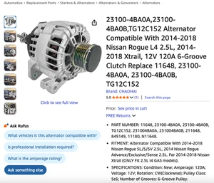 Alternator For Nissan Rogue 2014 2015 2016 2017 2018 2019 2020 L4 2.5L 11648 - Picture 1 of 6