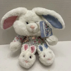 Fluffyville Bunny Rabbit Plush Slippers Floralgingham Plaid Accents 8” Stuffed  - Picture 1 of 9