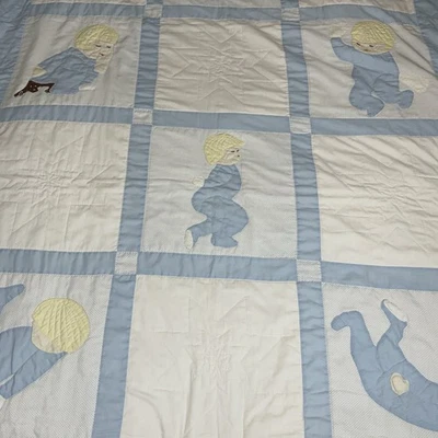 "Colcha hecha a mano vintage bebé niño niño azul grande 82""X52""" Foto 1 de 4