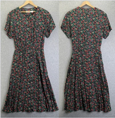 Vintage Liz Claiborne Dress Black Romantic Floral Button Front Cottage Size 12 - Image 1 of 4