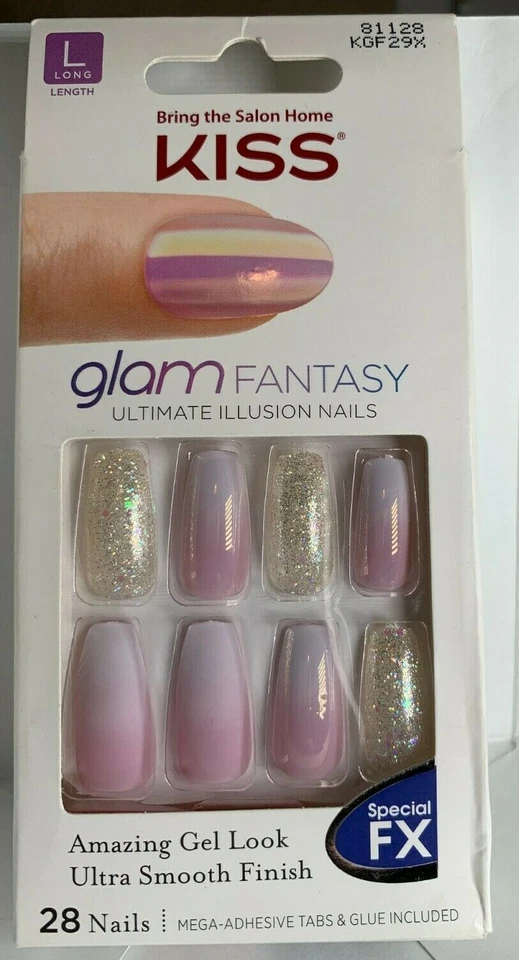 Kiss Nails Glam Fantasía Pegamento/Prensado Manicura Largo Púrpura Desvanecimiento Plata Brillo Foto 1 de 1