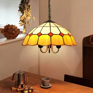 15.7" Tiffany 3-Lights Chandelier Stained Glass Pendant Light Retro Ceiling Lamp - Picture 1 of 13
