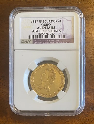 Ecuador 1837-FP-Gold 4 Escudos NGC AU Details-Surface Hairline-Extremely Rare! Cover