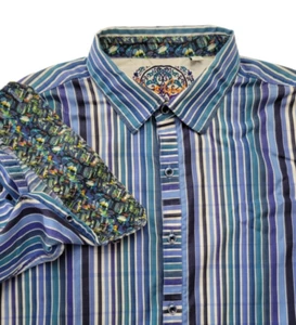 Camisa ROBERT GRAHAM Para Hombre Talla XL Azul Vibrante Rayas Manga Larga Puño Geométrico - Imagen 1 de 12