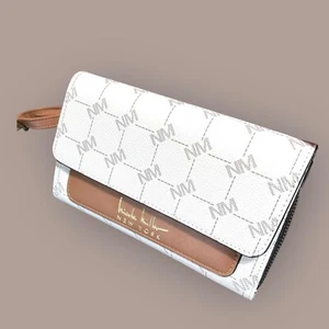 Nicole Miller Logo Brown White Clutch With Removable Strap Small Brand New - Picture 1 of 6
