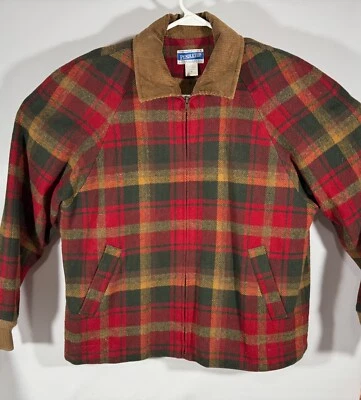 VTG Pendleton Knockabout Red Green Plaid Wool Zip Up Corduroy Collar Jacket M - Image 1 of 4