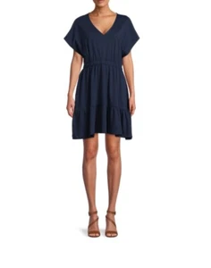 NWT Women's Plus 3X (24W-26W) Time & Tru Swing Tiered V-Neck SHORT Dress BLUE - Picture 1 of 5