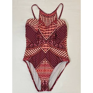 Kenneth Cole Size Large Pink Orange Geometric Print Strappy One Piece Swimsuit - Picture 1 of 11