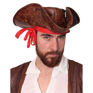 CARIBBEAN PIRATE HAT LEATHER LOOK BROWN TRICORN FANCY DRESS COSTUME ACCESSORY - Picture 1 of 7