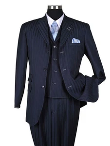 Men's 3 Button Classic Striped Suit w/ Vest 3pc Set 5267 Navy 48R - Picture 1 of 9