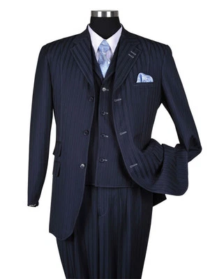 Men's 3 Button Classic Striped Suit w/ Vest 3pc Set 5267 Navy 48R - Image 1 of 4