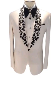 Majestic Noir Gala Tuxedo with Black Floral Embroidered Lapels & Bow Tie Details - Picture 1 of 5