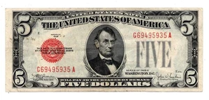 US $5.00 (Red Seal) Note - Series 1928E - VF+ - Picture 1 of 2