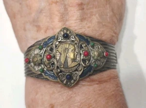 Pulsera con bisagras vintage ST Art Deco esmalte renacimiento egipcio cabujón 7,5", N23 - Imagen 1 de 16