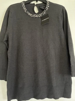 Liz Claiborne Sz L Charcoal/Cracked Ice Sweater 3/4 Sleeve Beaded Neckline NWT - image 1 of 4