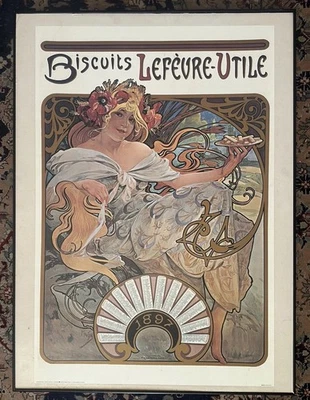 Póster Art Deco grande vintage Alphonse Mucha 'Biscuits Lefèvre-Utile' 28,5 x 38,5 pulgadas Foto 1 de 4