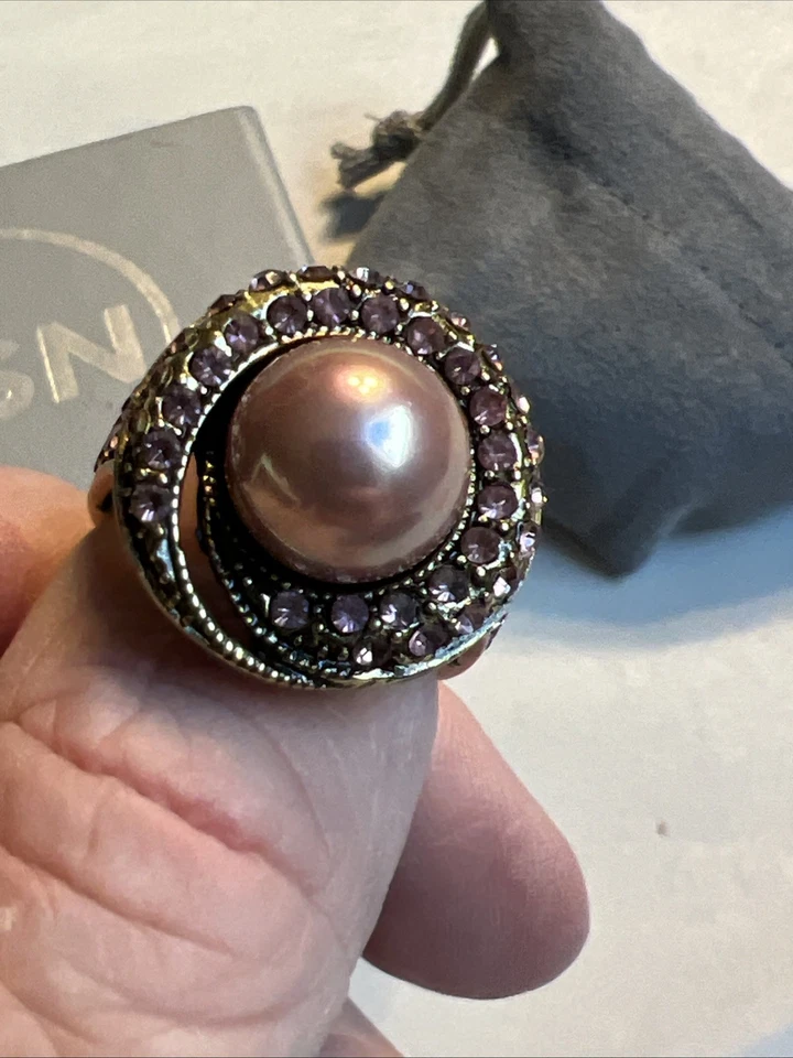 Heidi Daus Cocktail Ring Black Pearl Pink Stone Crystal Bronze Tone Sz 10 #JO31 - Image 1 of 4