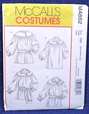 McCalls Costume Pattern 4862 Unisex Poet Pirate Medieval Shirt Sash Cosplay SM-L - Image 1 of 2