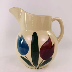 Watt Pottery Tulip Pitcher - vintage 1940's Hand-Painted Folk Art Yellow Ware - Picture 1 of 21