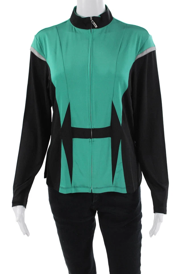 Chaqueta ligera Jamie Sadock para mujer con cremallera frontal cuello falso negra verde mediana Foto 1 de 4
