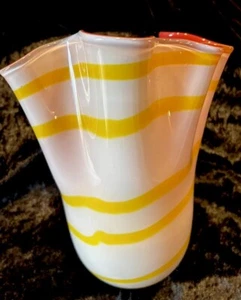 Murano Italian Hankerchief Style Striped Art Glass Vase,Red/Yellw/Whte Beautiful - Picture 1 of 8