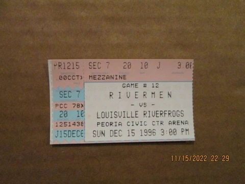 ECHL Rivermen vs Louisville Riverfrogs Vintage 1996 Game #12 Ticket Stub Cover