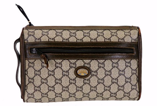 Borsa toilette da viaggio vintage GUCCI PLUS GG monogramma rivestita tela pelle Italia