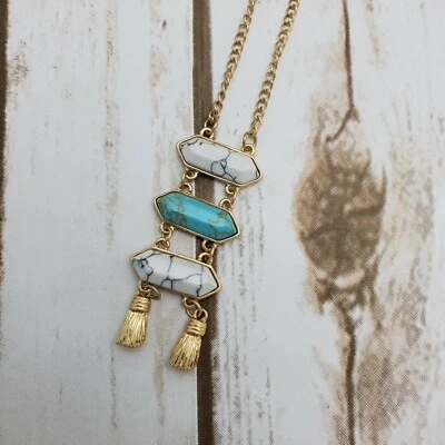 Envy Geometric Stone Tassel Necklace Gold Tone Mint Green Blue Turquoise - Image 1 of 4