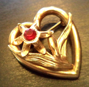 Stunning Vintage Estate Gold Tone Red Rhinestone Flower Heart 1" Brooch! 1582A
