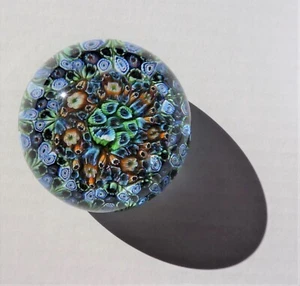 Vintage Glass Paperweight Millefiori Cobalt Coral Green 60 Closely Packed - Picture 1 of 8