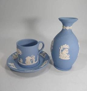 Wedgwood Blue Jasperware Demitasse Cup & Saucer Creamer/Tea Jar - Picture 1 of 6