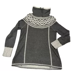 M Eddie Bauer Fleece Sweater Womens Gray White Cowl Neck Long Knit fair isle new - Picture 1 of 14