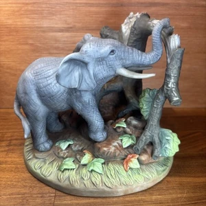 Alouette Collectibles Flambro Ceramic Elephant Figurine w/Tree Scenery Trunk Up - Picture 1 of 8