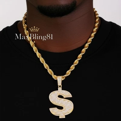 $ Signo Dólar Circonita cúbica Colgante Helado y 8mm 24" Grueso Cuerda Cadena Hip Hop Collar (8033) Foto 1 de 2