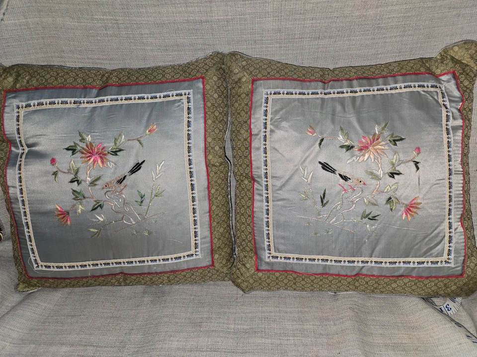 Antique Style Chinese Embroidered Silk Cushions x 2  Floral Birds  - 13 inches - Image 1 of 4